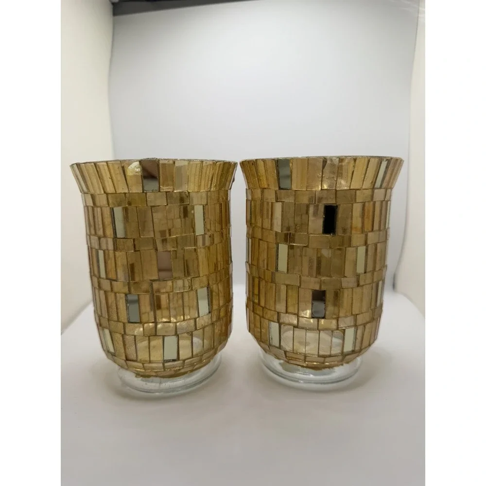Vintage Mosaic Gold Glass Hurricane Candle Holders Pair Amber Retro 5in